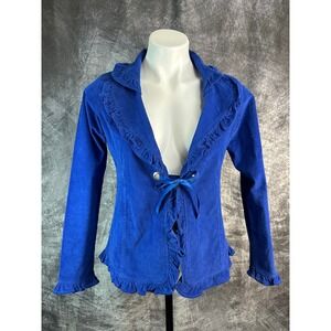 Victorian Ruffle Corduroy Jacket Womens Med Royal Blue Ribbon Tie Steampunk
